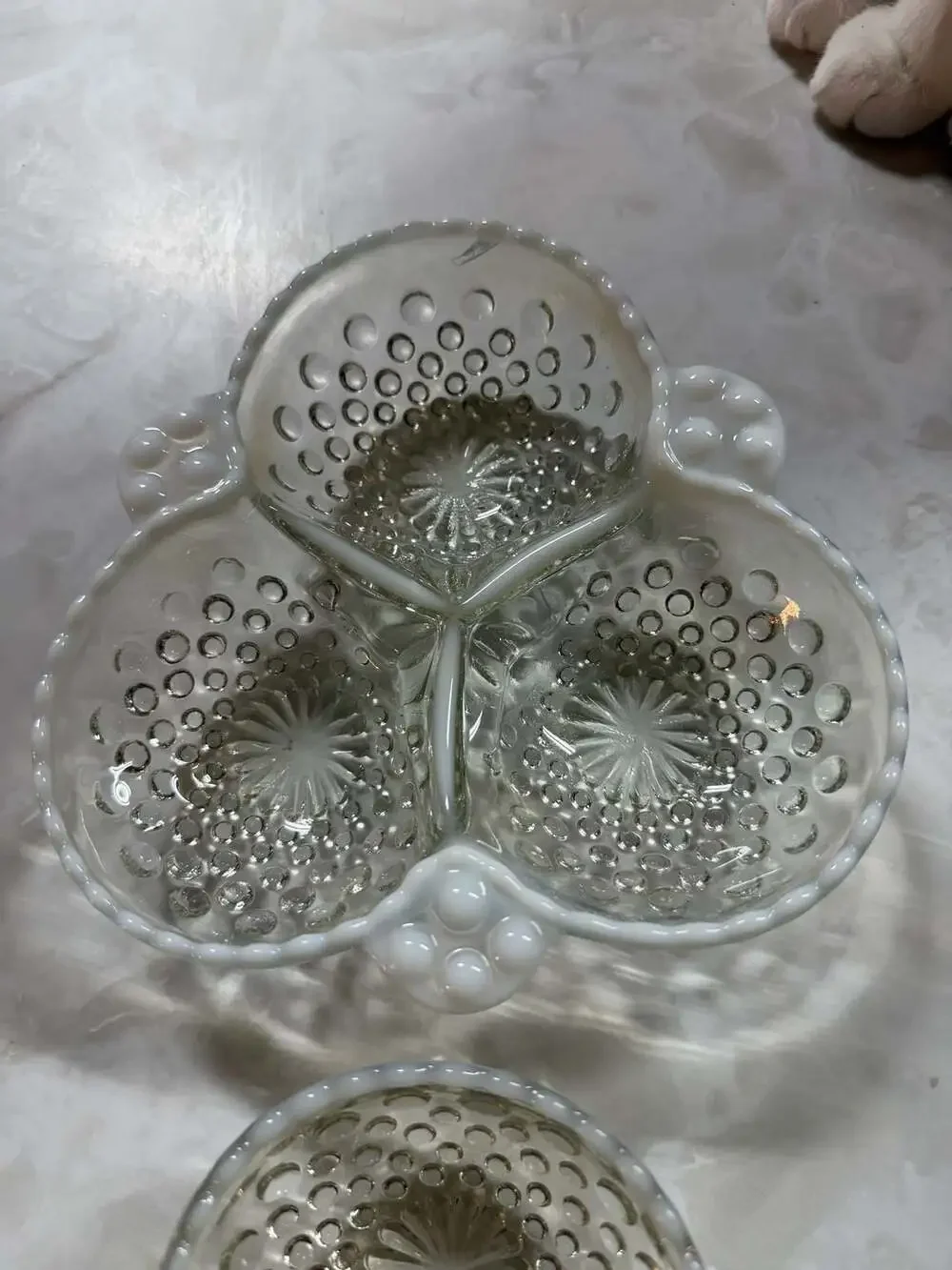 Vintage Moonstone Opalescent Hobnail Three-Section Divided Dishes Set of 2
